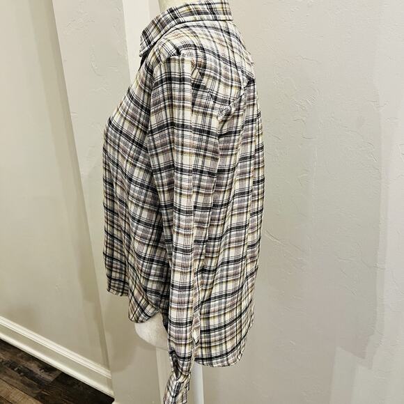 LOFT Women’s XS Cream Olive Green Plaid Flannel Pocket Tunic Shirt - Picture 3 of 6